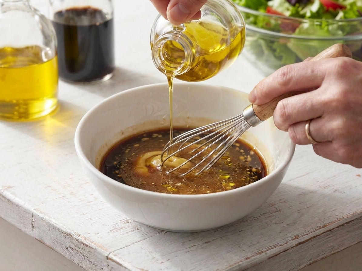 A hand whisking olive oil into a balsamic mixture in a bowl, creating a smooth, emulsified dressing