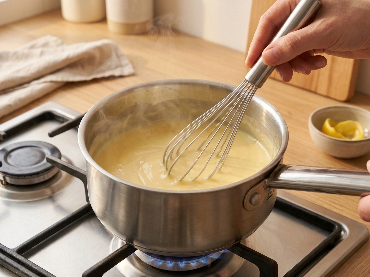 A hand whisking pale custard base in a stainless steel saucepan on a stovetop, steam just starting to rise
