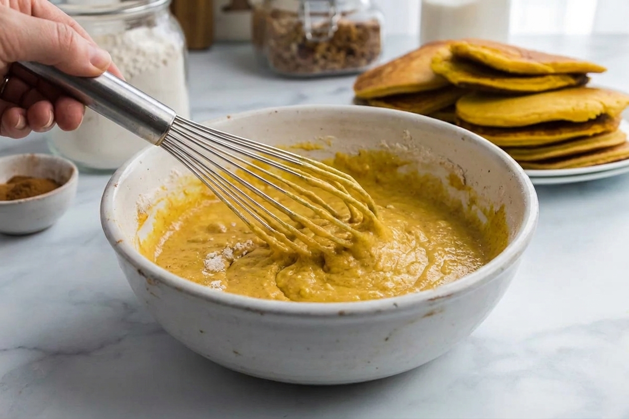 A hand whisking pancake batter in a ceramic bowl on a kitchen counter, batter still slightly lumpy