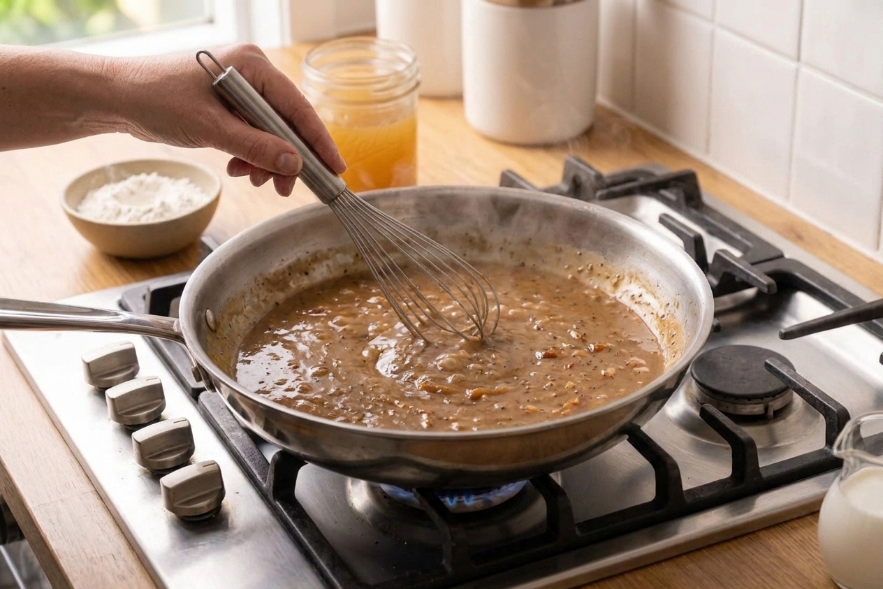 A hand whisking peppery gravy in a stainless steel skillet on a stovetop, with steam rising and browned bits dissolving into the sauce