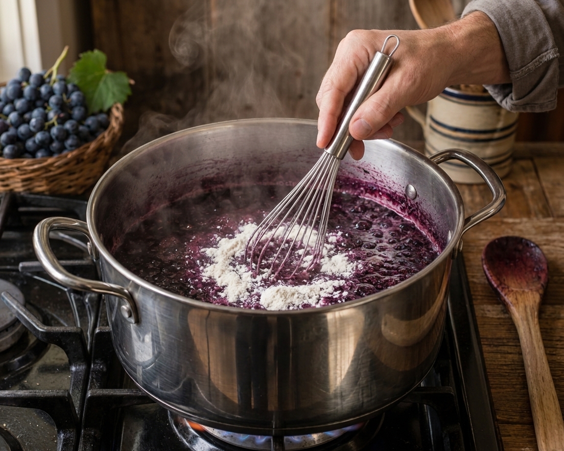 A hand whisking powdered pectin into grape juice in a stainless steel saucepan on a stovetop