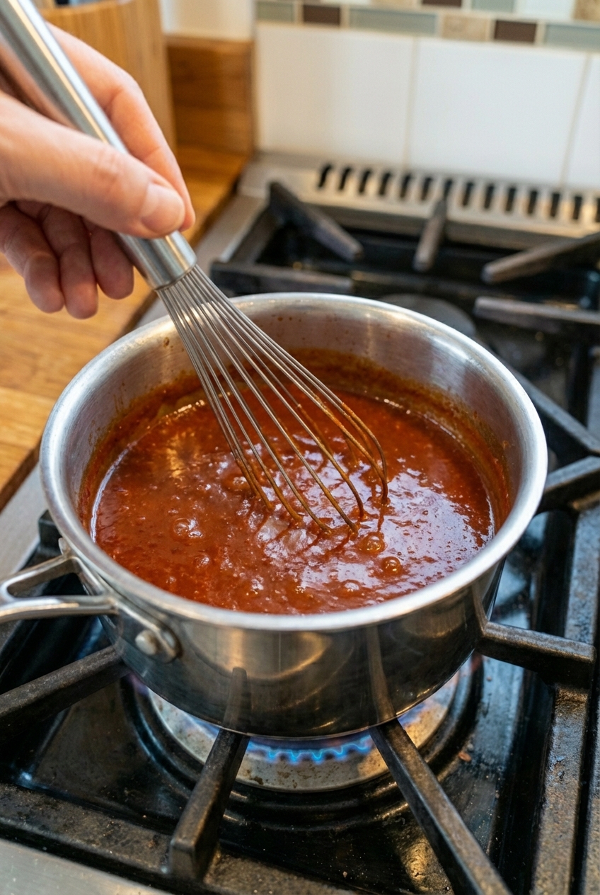 A hand whisking red enchilada sauce in a saucepan until smooth