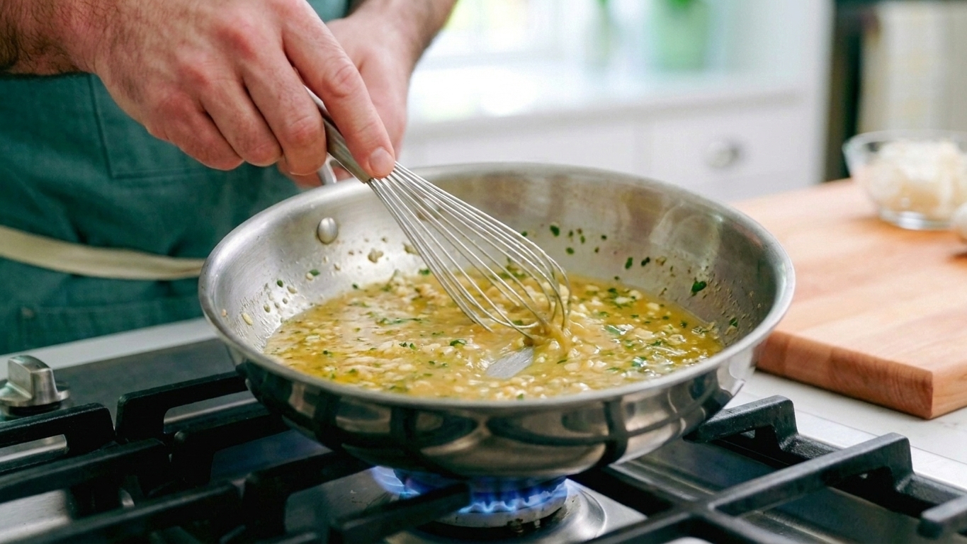 A hand whisking scampi sauce in a skillet as it turns glossy and lightly thickened on the stovetop
