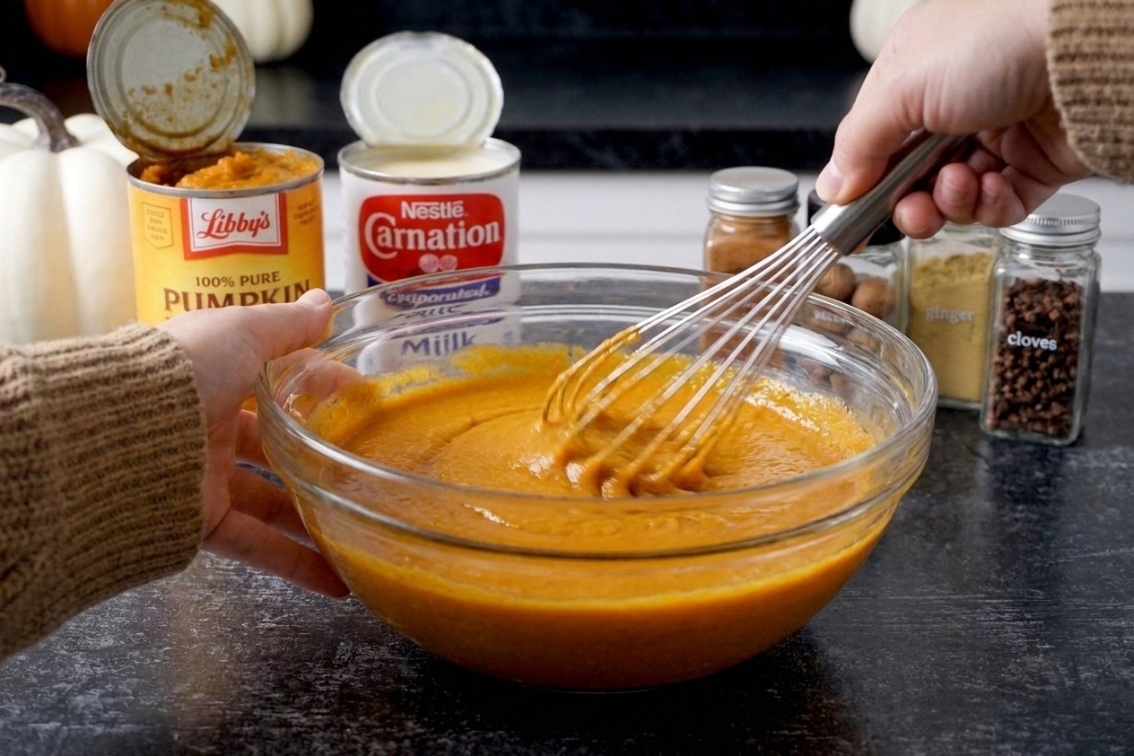 A hand whisking smooth pumpkin pie filling in a glass mixing bowl on a kitchen counter