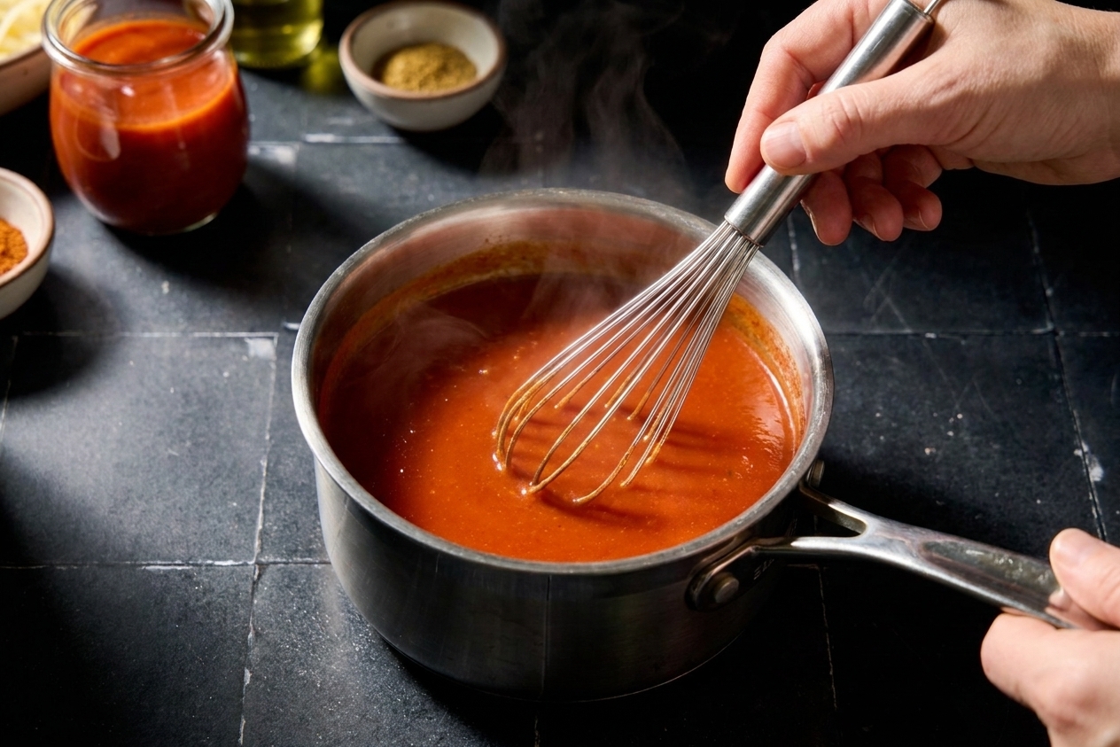 A hand whisking smooth red enchilada sauce in a saucepan on a stovetop