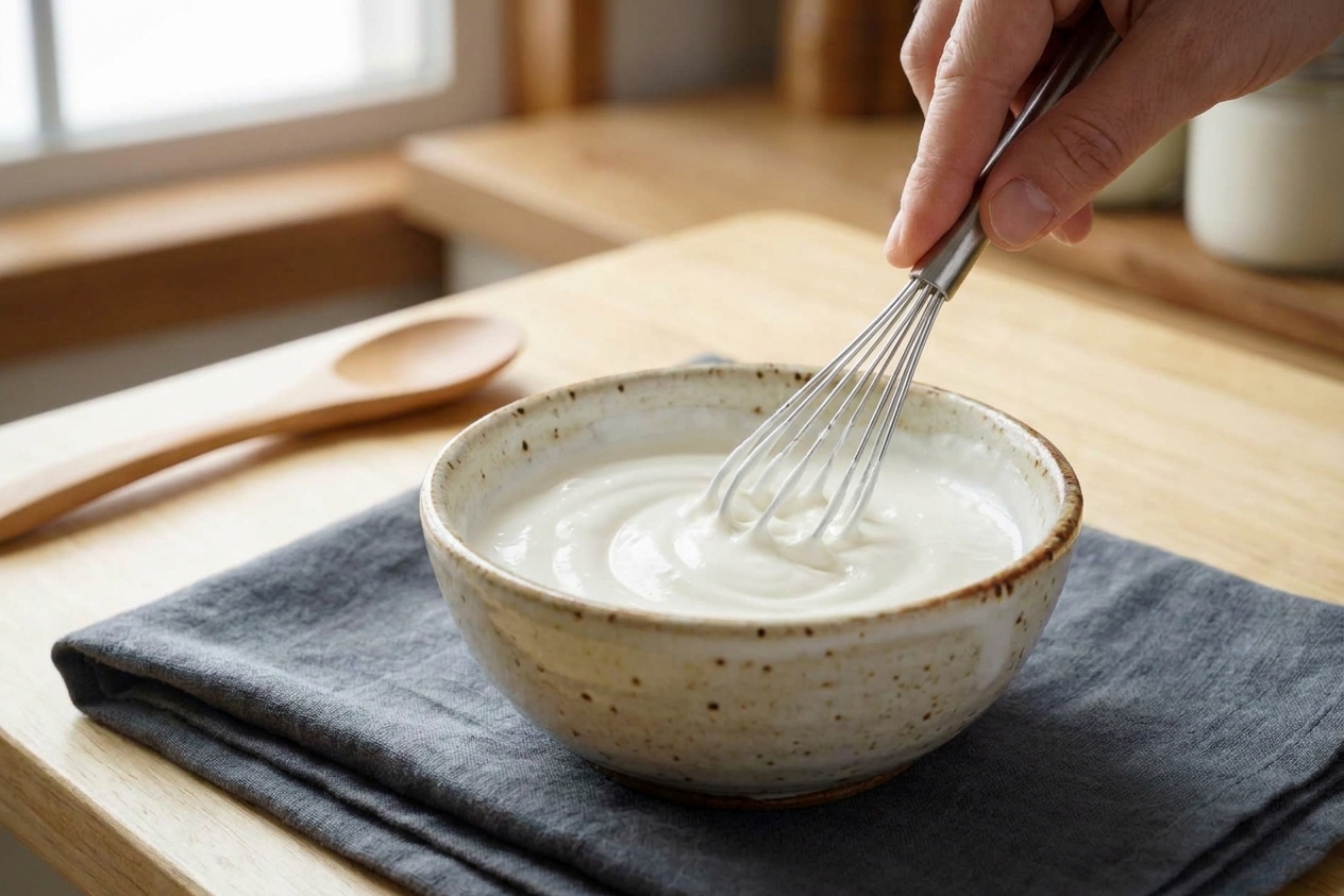 A hand whisking sour cream and heavy cream in a small ceramic bowl on a kitchen counter