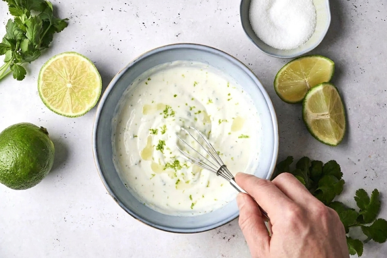 A hand whisking sour cream with lime zest and juice in a ceramic bowl on a light colored countertop