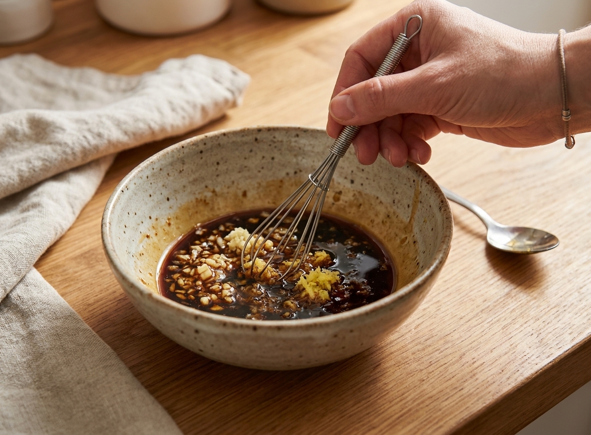 A hand whisking soy sauce, honey, garlic, and grated ginger together in a small ceramic bowl on a kitchen counter