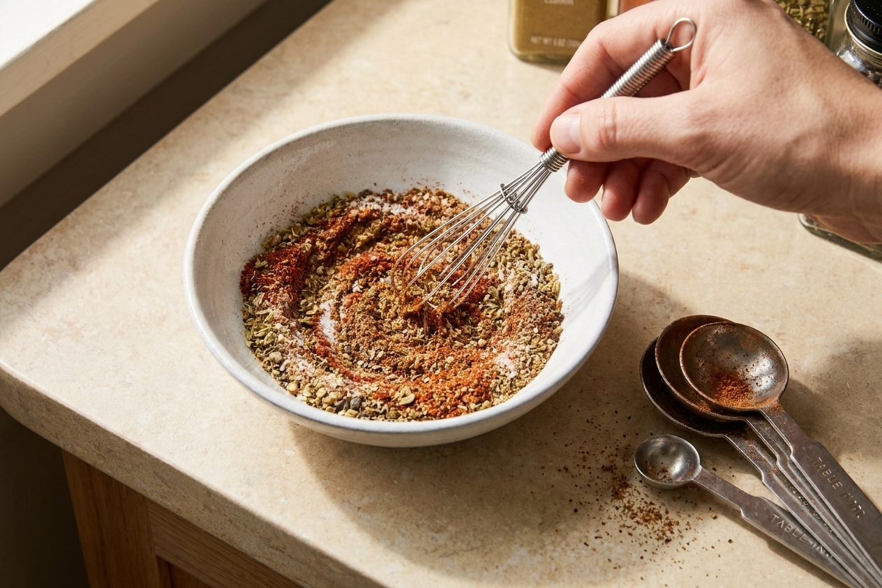 A hand whisking spices together in a small ceramic bowl on a kitchen counter