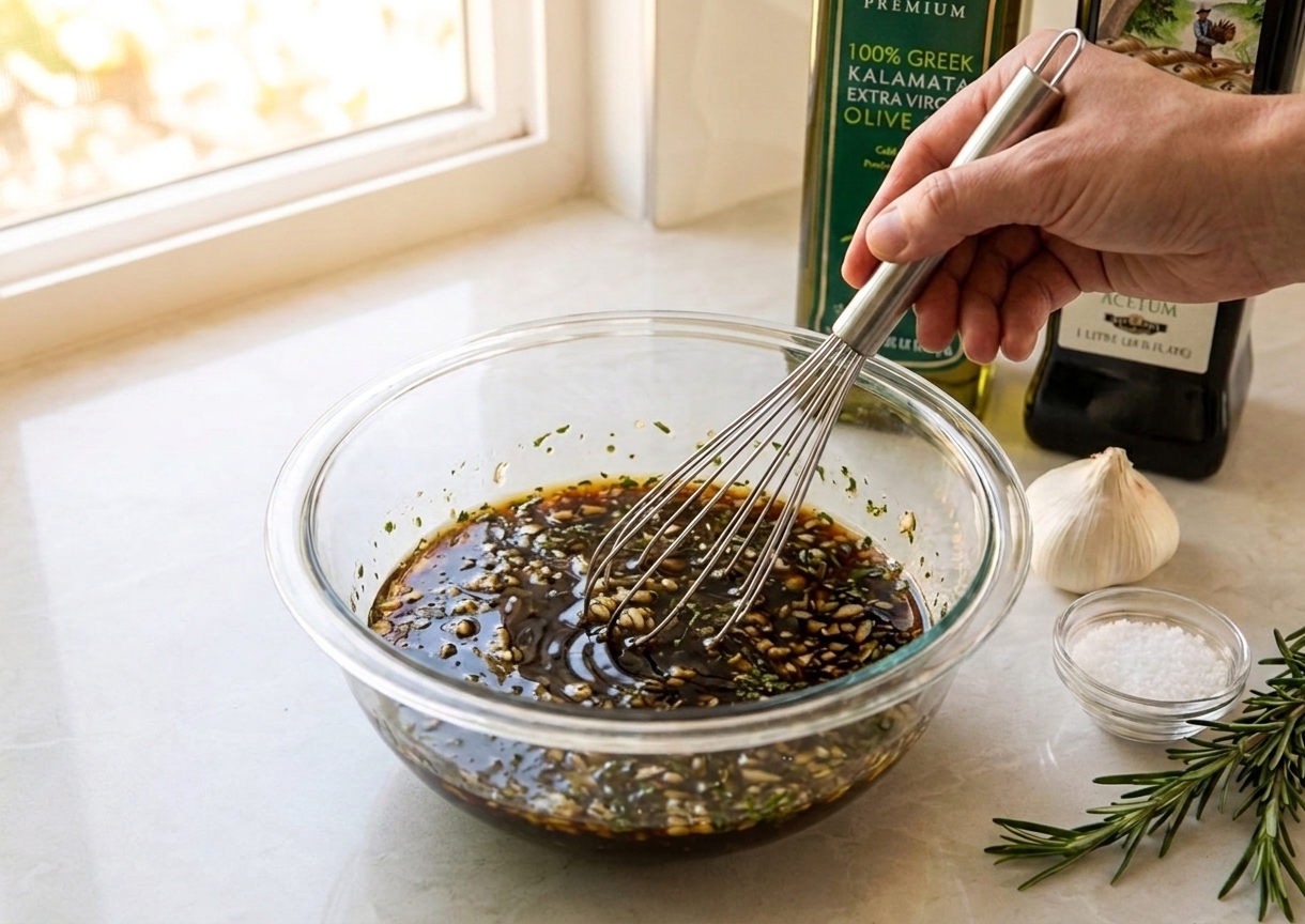 A hand whisking steakhouse marinade in a glass bowl on a kitchen counter
