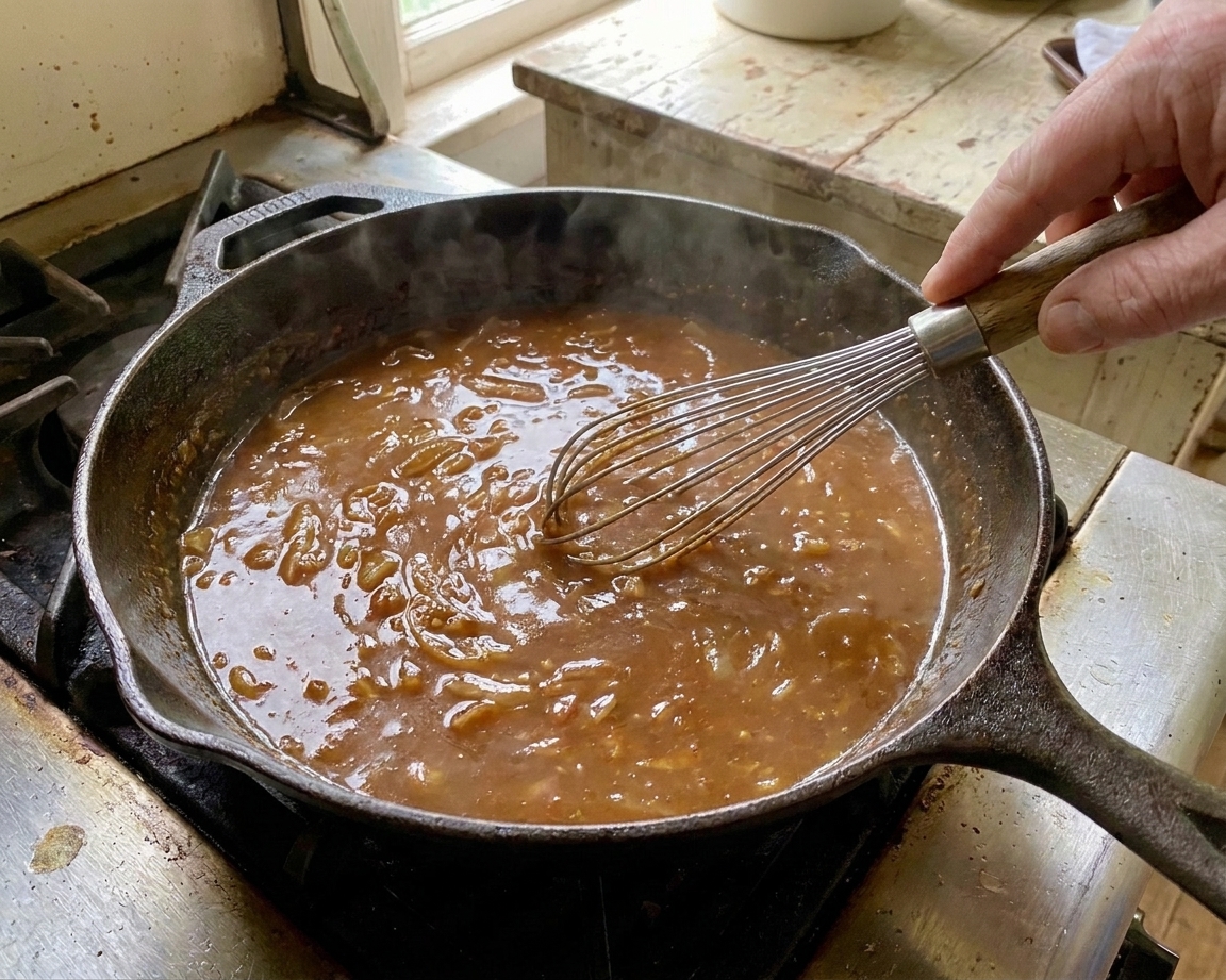 A hand whisking stock into a roux in a skillet as the mixture loosens into a smooth base