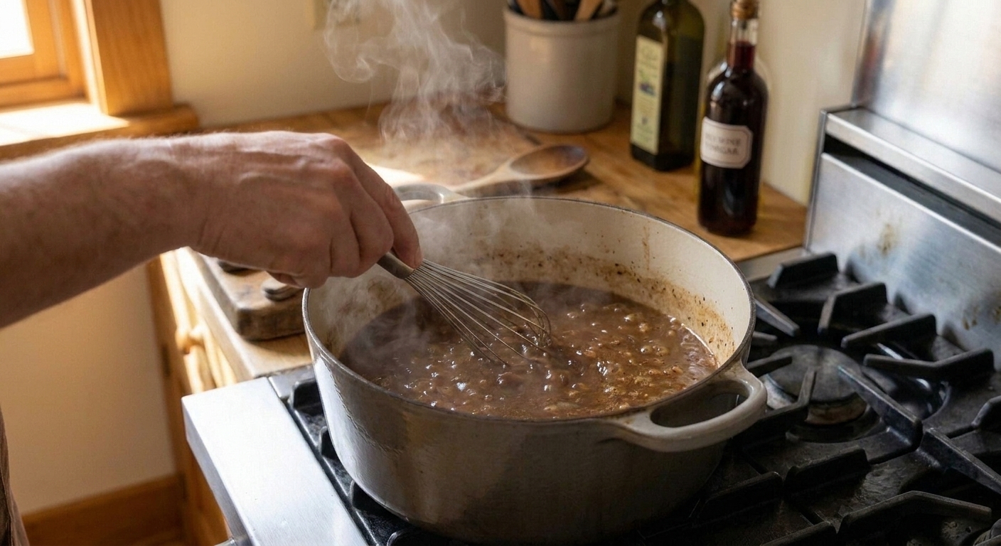A hand whisking tangy brown sauerbraten gravy in a saucepan on the stovetop with gentle bubbles and steam rising