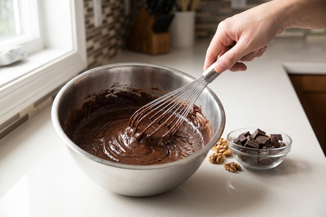 A hand whisking thick brownie batter in a mixing bowl on a kitchen counter, with chocolate chunks nearby