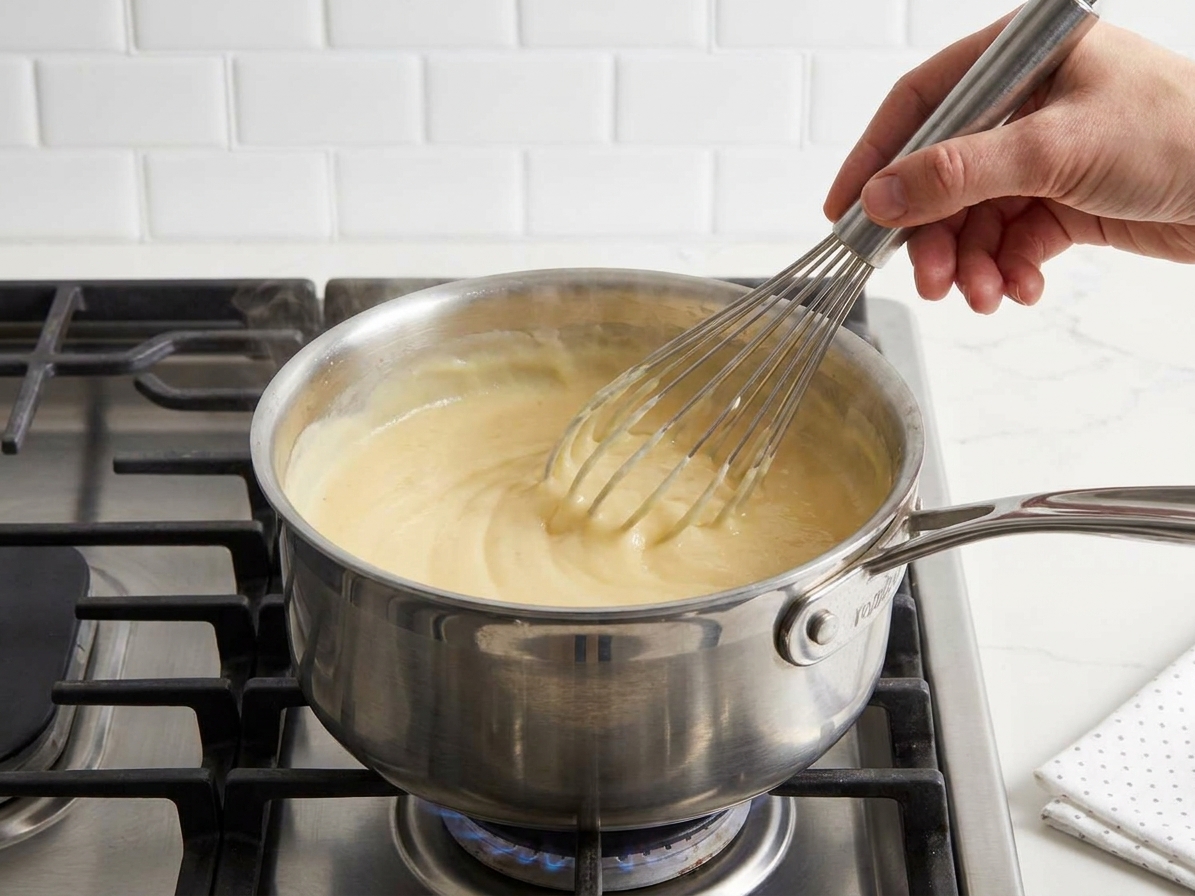 A hand whisking thick vanilla pudding in a stainless saucepan on a stovetop with steam rising