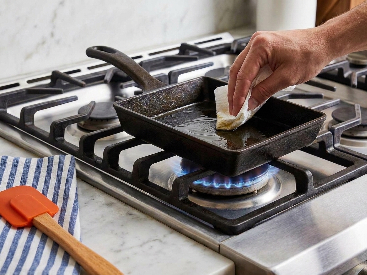 A hand wiping a thin layer of oil across a warm nonstick pan using a folded paper towel