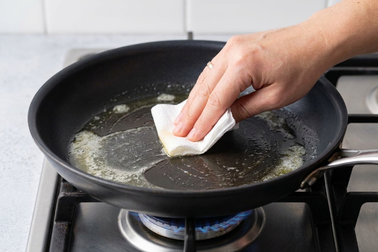 A hand wiping melted butter across a warm nonstick skillet with a folded paper towel on a stovetop