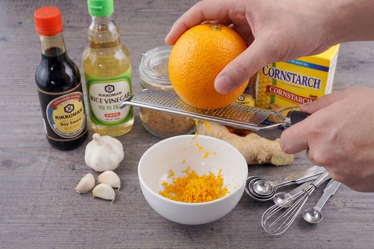 A hand zesting a fresh orange with a microplane over a small bowl, with other sauce ingredients nearby