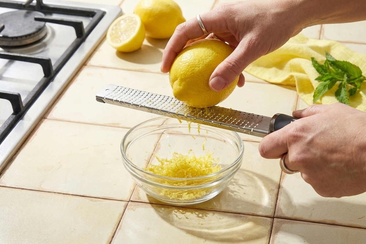 A hand zesting a lemon with a microplane over a small bowl on a bright kitchen counter