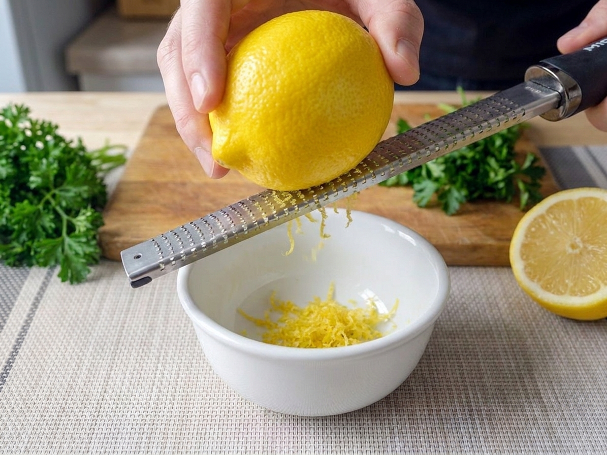 A hand zesting a lemon with a microplane over a small bowl on a kitchen counter