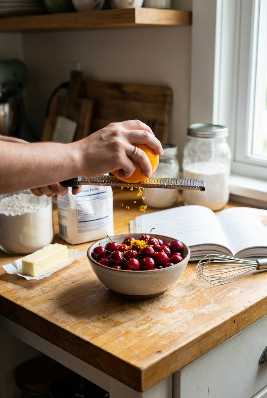A hand zesting an orange over a bowl of cherries on a wooden countertop with baking ingredients nearby