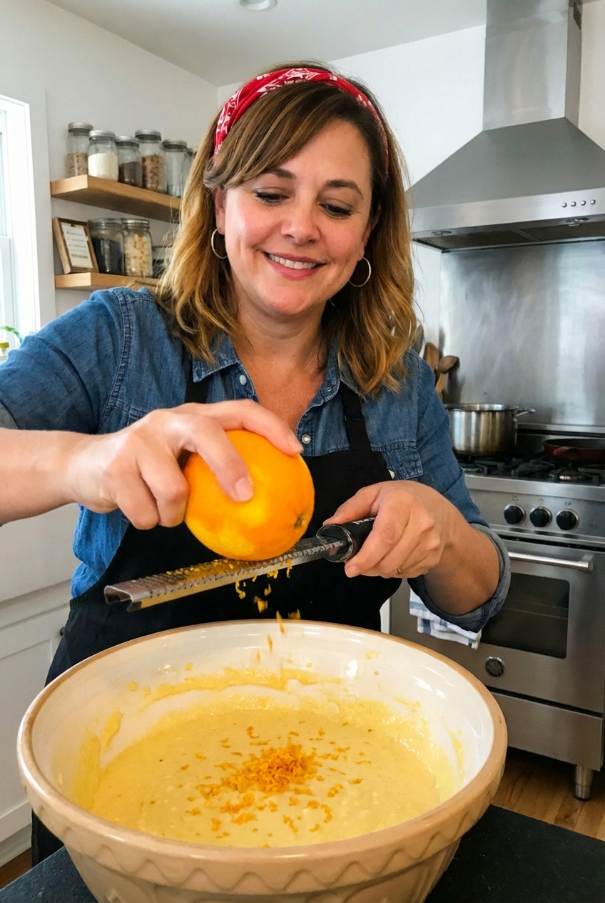 A hand zesting an orange over a mixing bowl filled with cornbread batter in a home kitchen