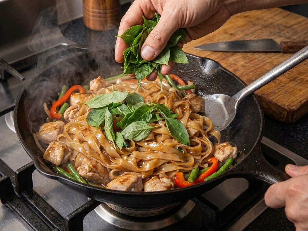 A handful of Thai basil being added to a pan of glossy wide rice noodles during the final toss