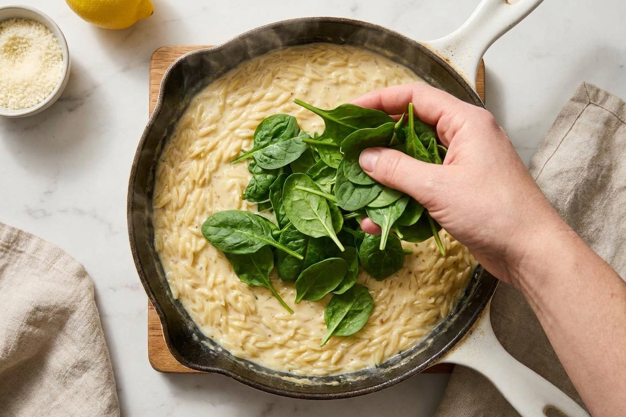 A handful of baby spinach being added to creamy orzo in a skillet