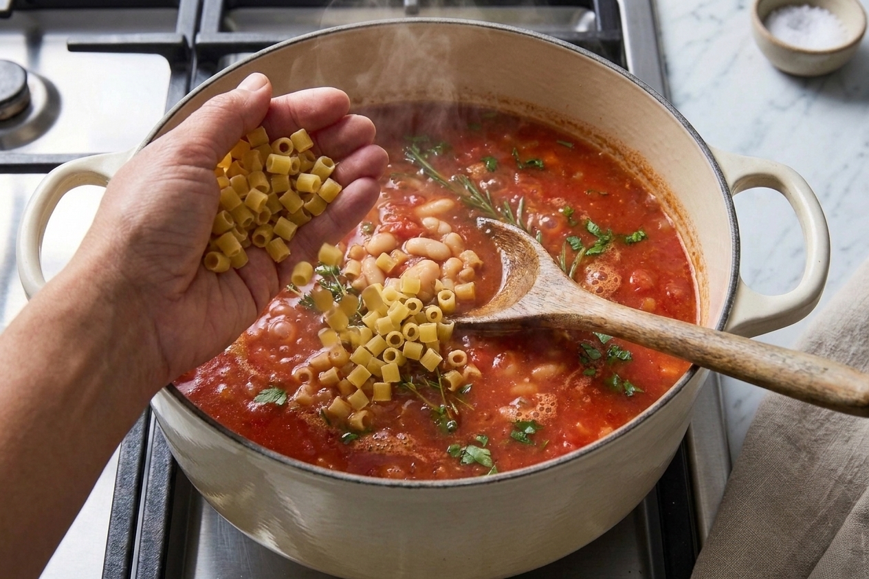 A handful of ditalini pasta being poured into a pot of simmering bean and tomato soup on the stove