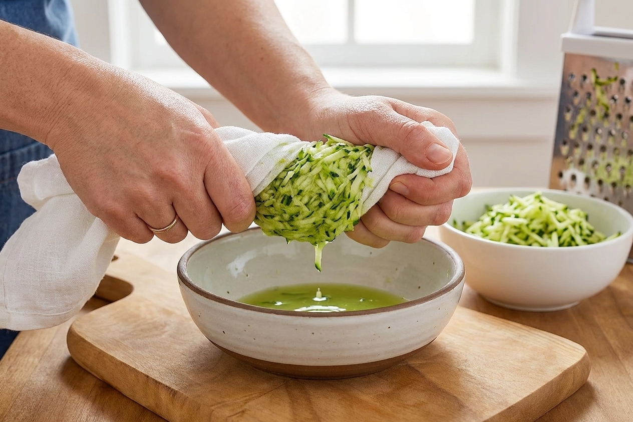A handful of shredded zucchini being squeezed in a clean kitchen towel over a bowl to remove excess moisture
