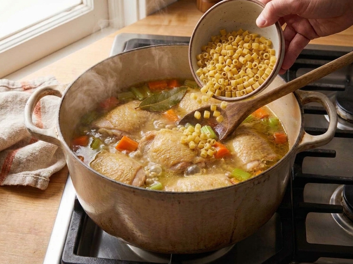 A handful of small pasta being poured into a simmering pot of chicken soup