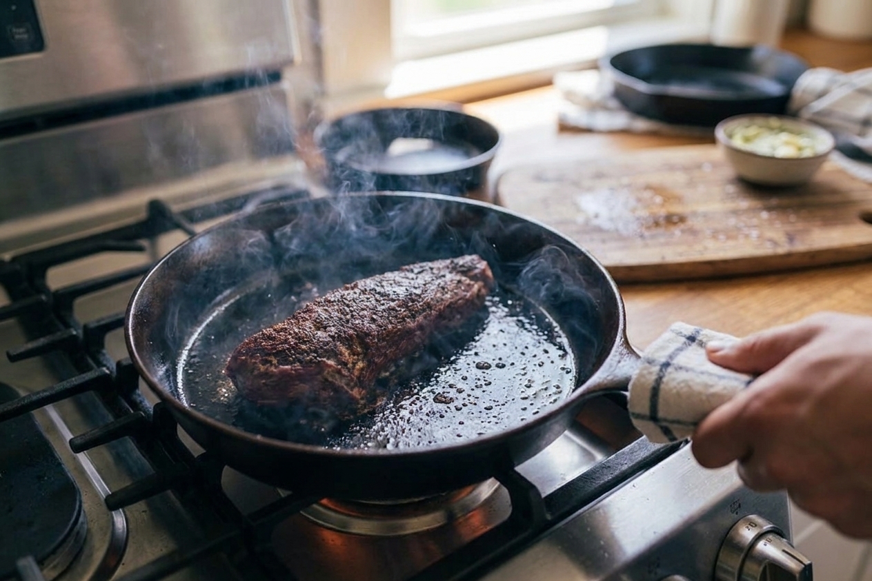 A hanger steak searing in a cast iron skillet with visible browning and light smoke rising on a stovetop