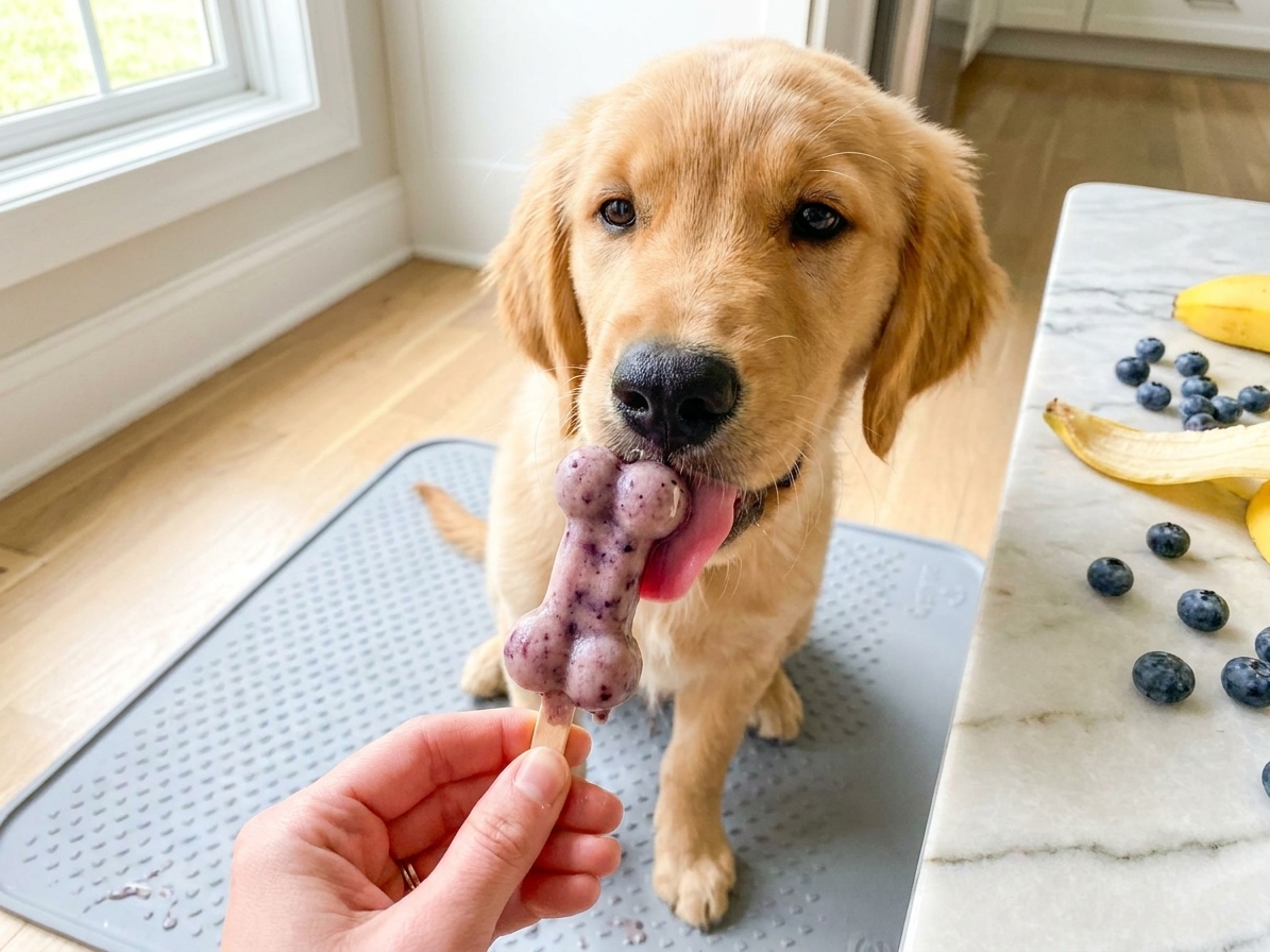 A happy dog licking a small blueberry banana pupsicle held by a human hand over a washable mat in a bright kitchen