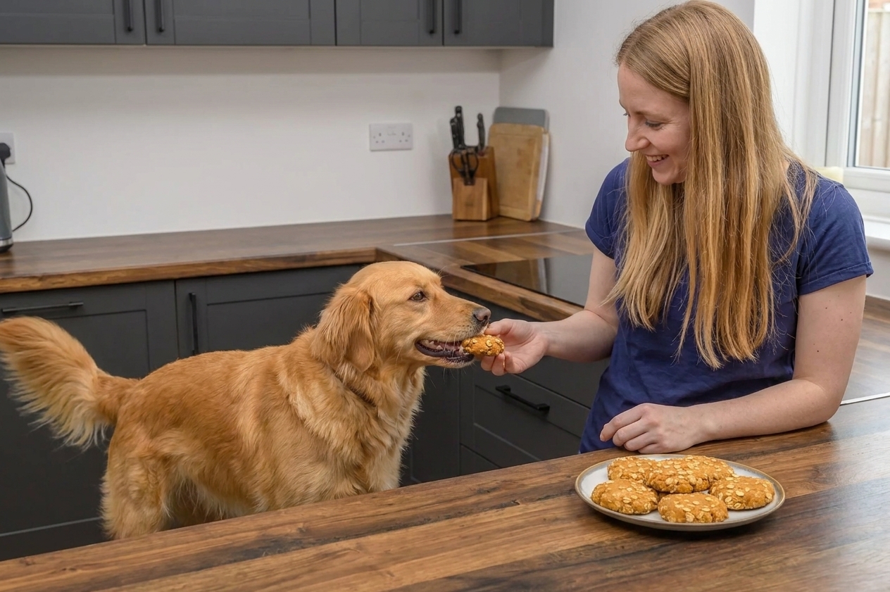 A happy medium-sized dog gently taking a small homemade pumpkin oat treat from a person’s hand in a bright kitchen