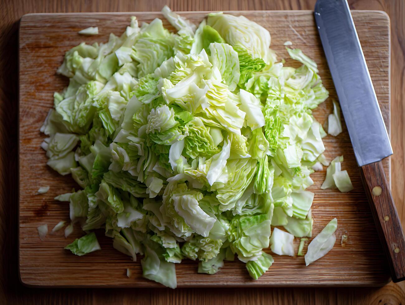 A head of Napa cabbage halved and sliced into bite-size pieces on a wooden cutting board on a bright kitchen counter