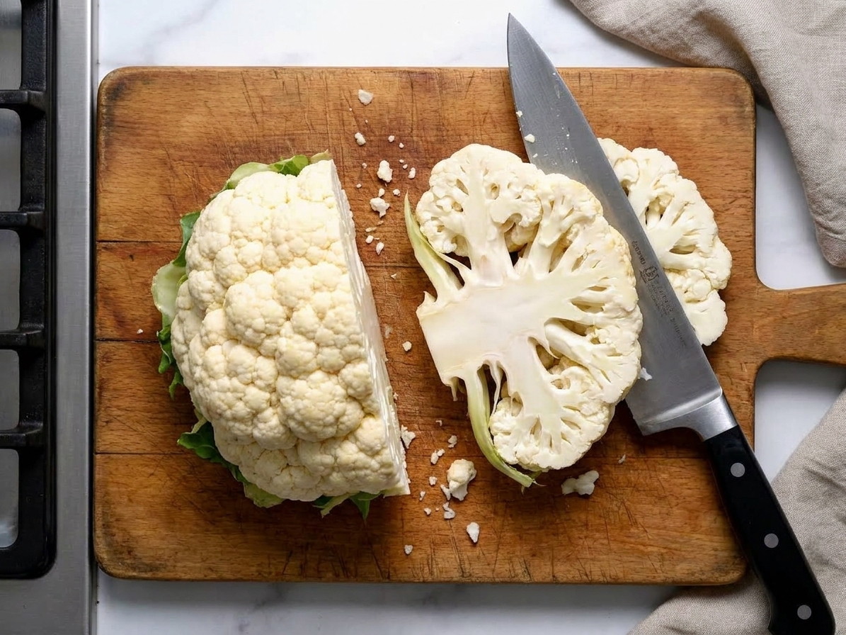 A head of cauliflower being sliced lengthwise into thick steaks on a wooden cutting board with a chef's knife