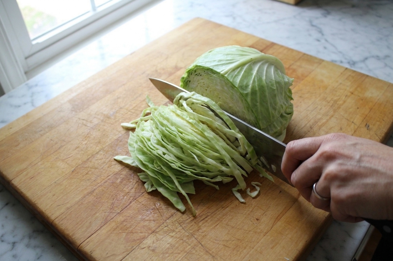 A head of green cabbage being thinly sliced on a wooden cutting board