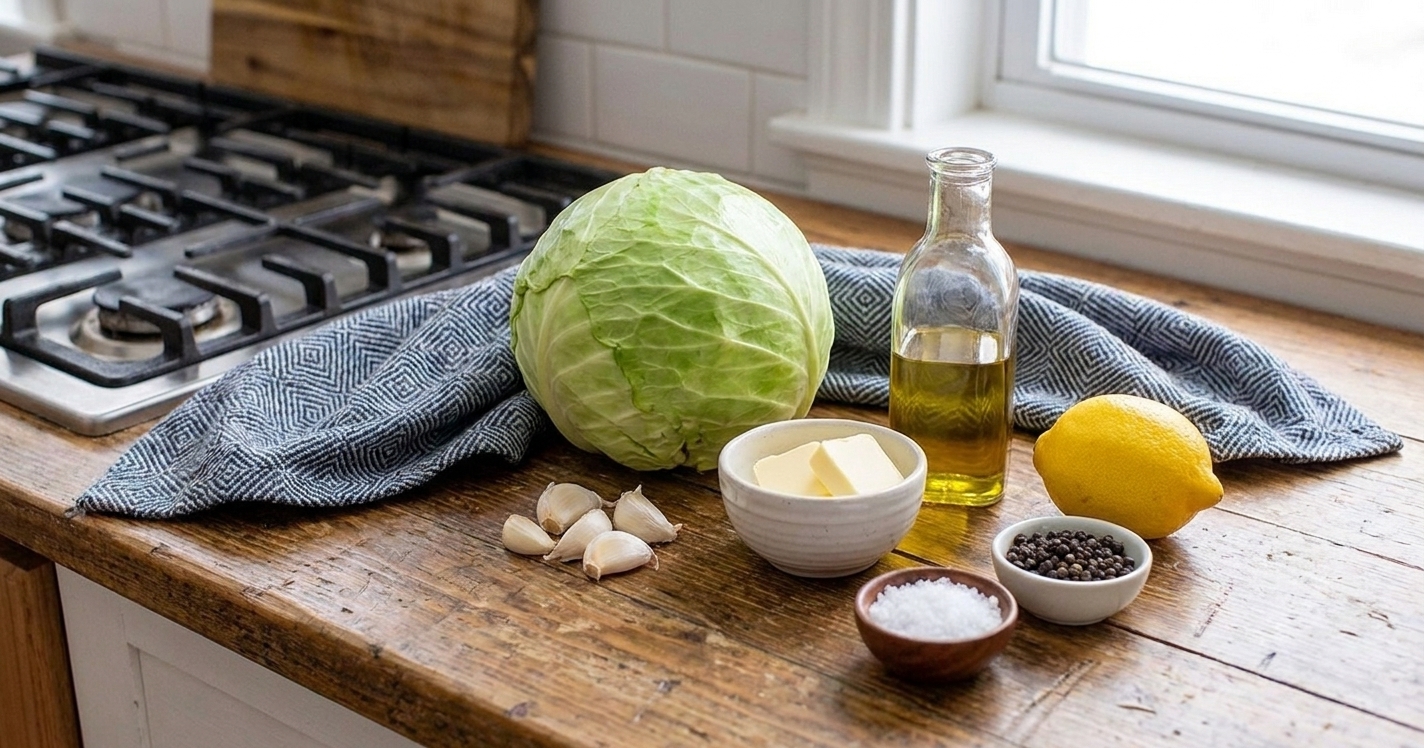 A head of green cabbage, garlic cloves, a small bowl of butter, olive oil, salt, pepper, and a lemon on a clean kitchen counter in soft natural light