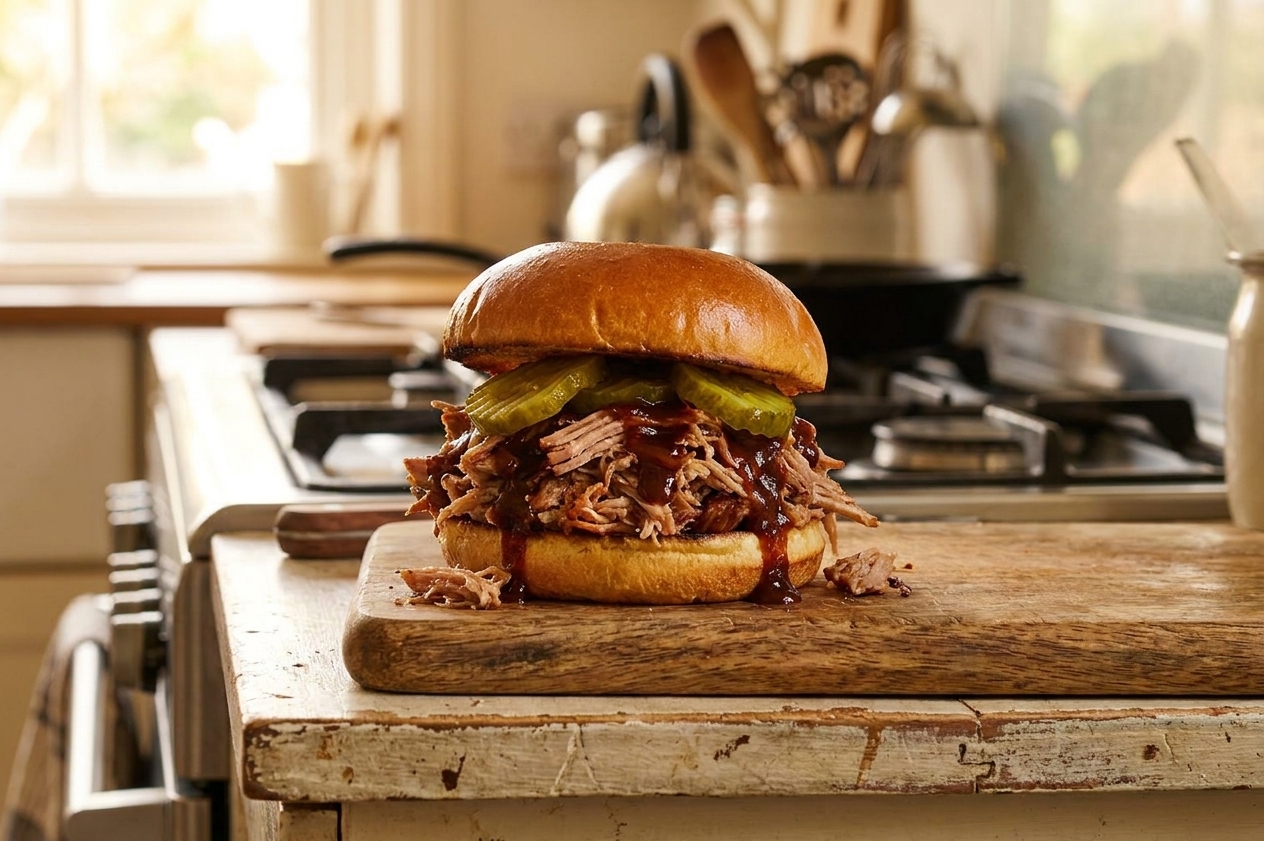 A heaping BBQ pulled pork sandwich on a toasted bun with pickles, served on a wooden cutting board in a warm home kitchen