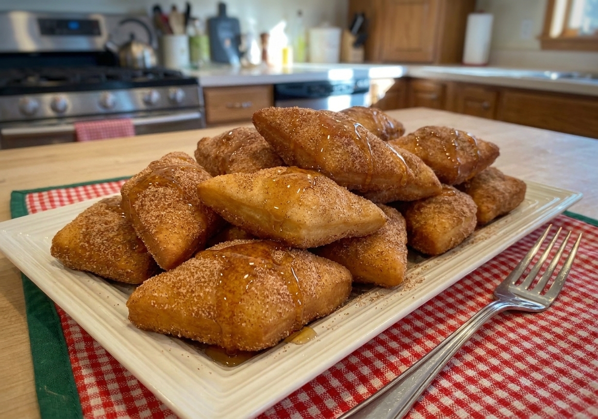 A heaping plate of cinnamon sugar fried dough pieces with a small drizzle of honey and a fork on the side, cozy kitchen table setting
