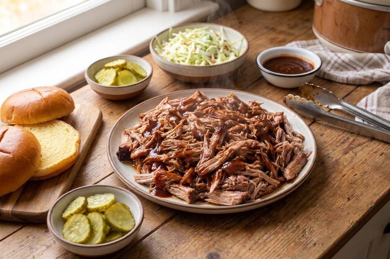 A heaping platter of saucy pulled pork with soft buns, pickles, and a simple slaw on a wooden table in warm natural light