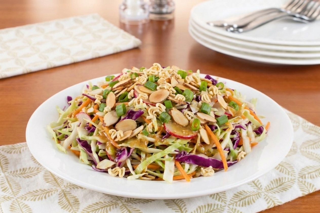 A heaping portion of crunchy sesame cabbage salad served on a white plate with toasted almonds and ramen noodles on top, set on a simple dinner table