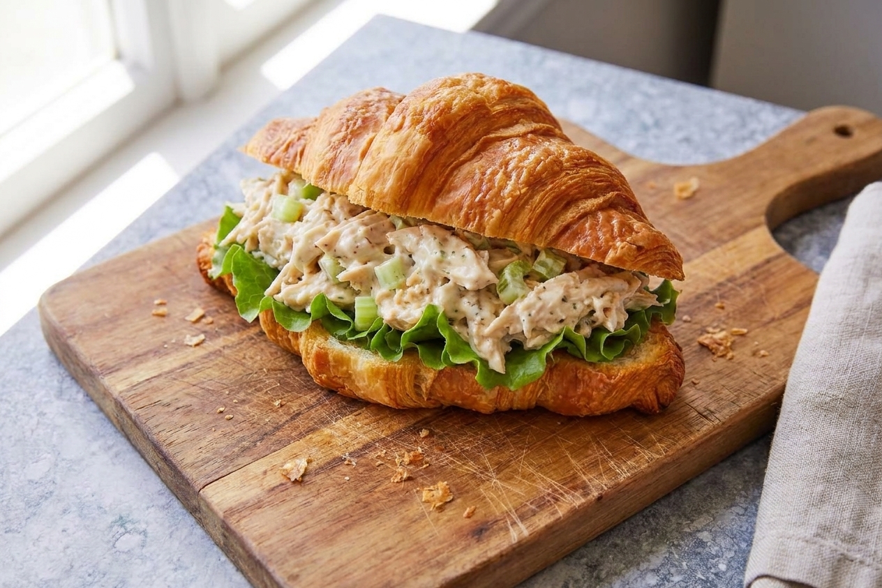 A heaping scoop of creamy chicken salad on a toasted croissant with lettuce on a wooden cutting board in a bright home kitchen