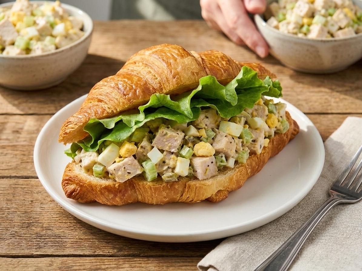 A heaping scoop of creamy chicken salad on a toasted croissant with lettuce on a sunlit kitchen table