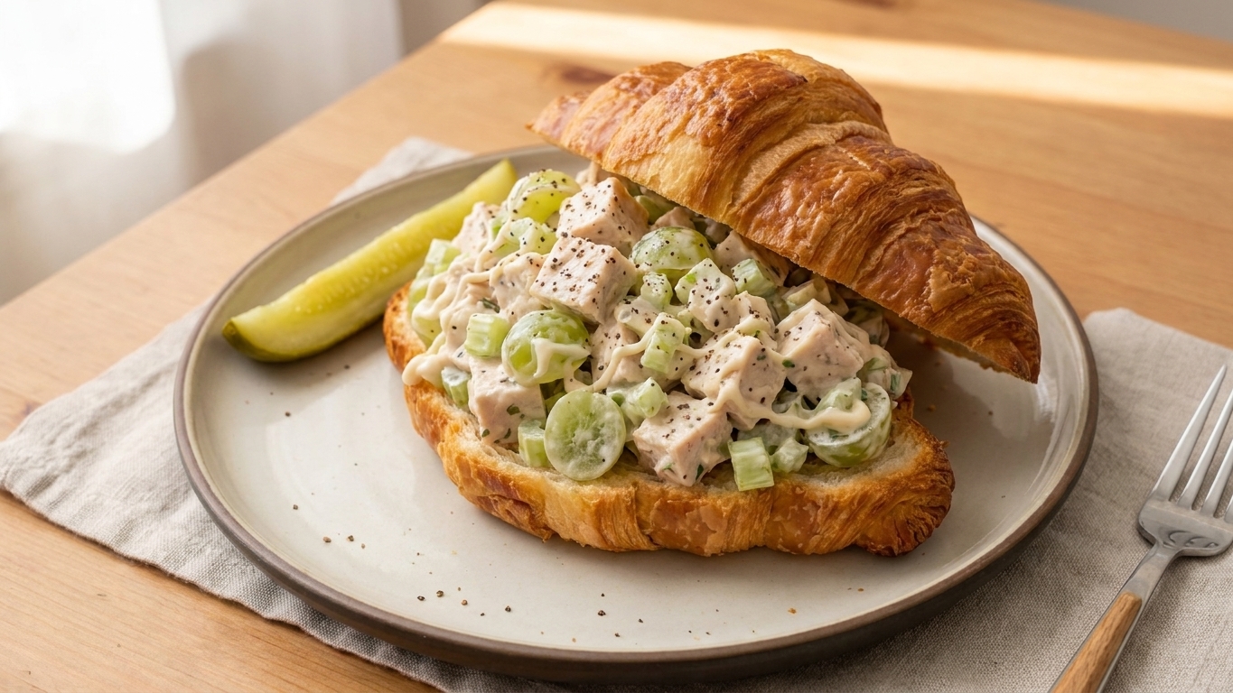 A heaping scoop of creamy chicken salad with grapes and celery piled on a toasted croissant on a plate with a pickle spear