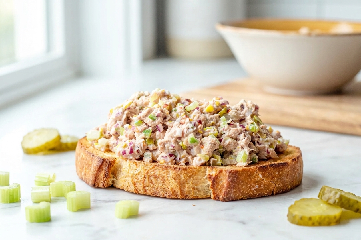 A heaping scoop of creamy tuna salad with diced pickles and celery on toasted bread, styled on a bright kitchen counter with natural light