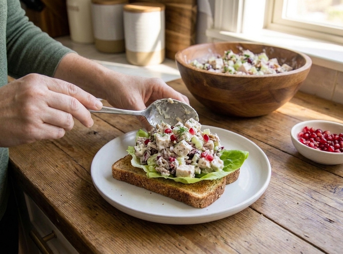 A heaping scoop of creamy turkey salad on toasted bread with lettuce, served on a simple white plate on a warm kitchen table