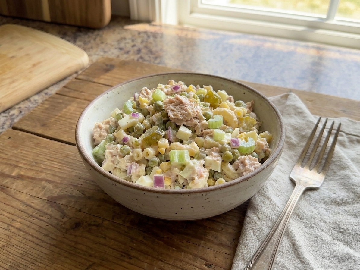 A heaping scoop of tuna macaroni salad served in a small bowl on a simple table setting with a fork and folded napkin in warm natural light