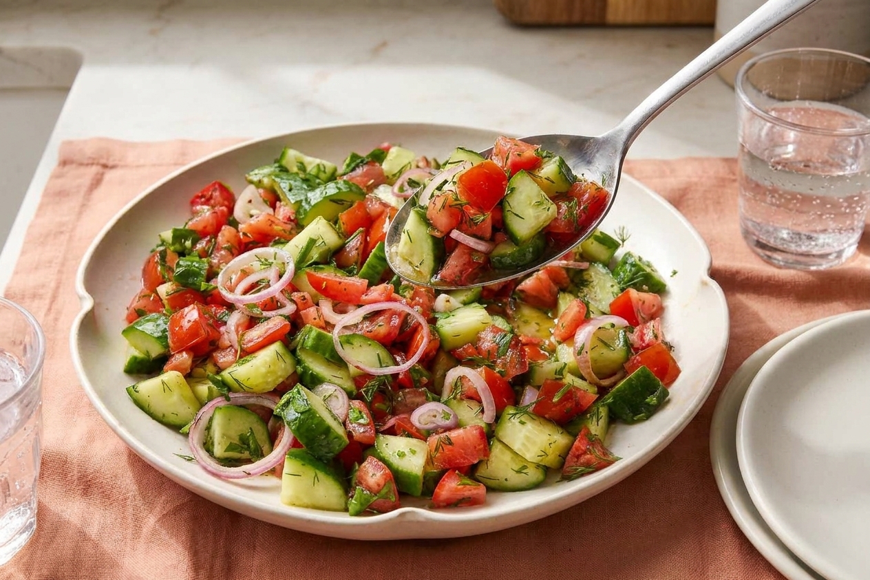 A heaping spoonful of tomato cucumber salad served on a white plate at a simple dinner table setting with a linen napkin