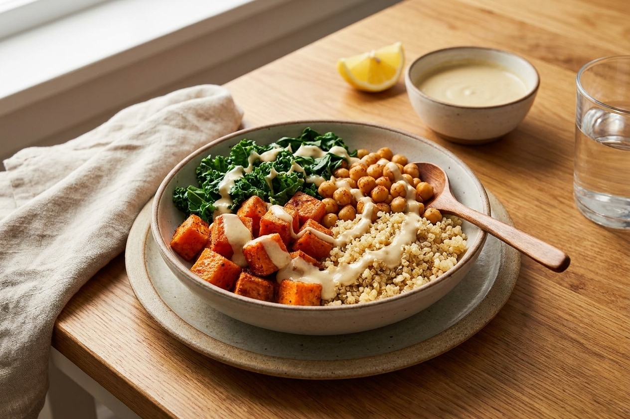 A hearty Daniel Fast-friendly bowl with quinoa, roasted sweet potatoes, chickpeas, sautéed greens, and a drizzle of lemon tahini sauce on a stoneware plate on a warm kitchen table