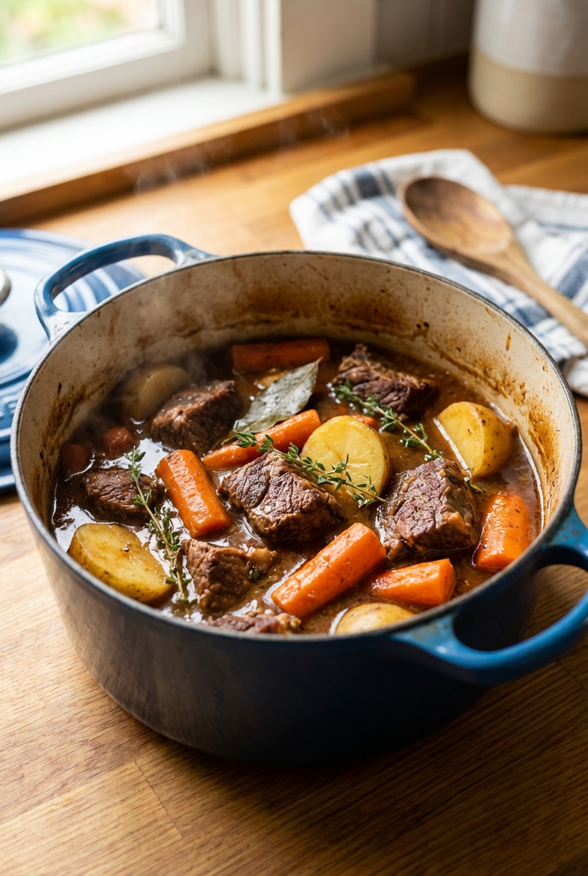 A hearty beef stew with carrots and potatoes in a Dutch oven